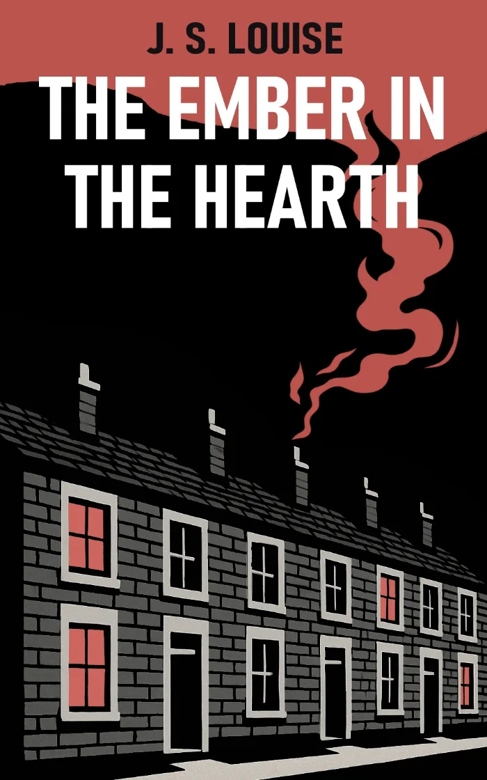 A row of terraced houses with smoke coiling from the chimney of one