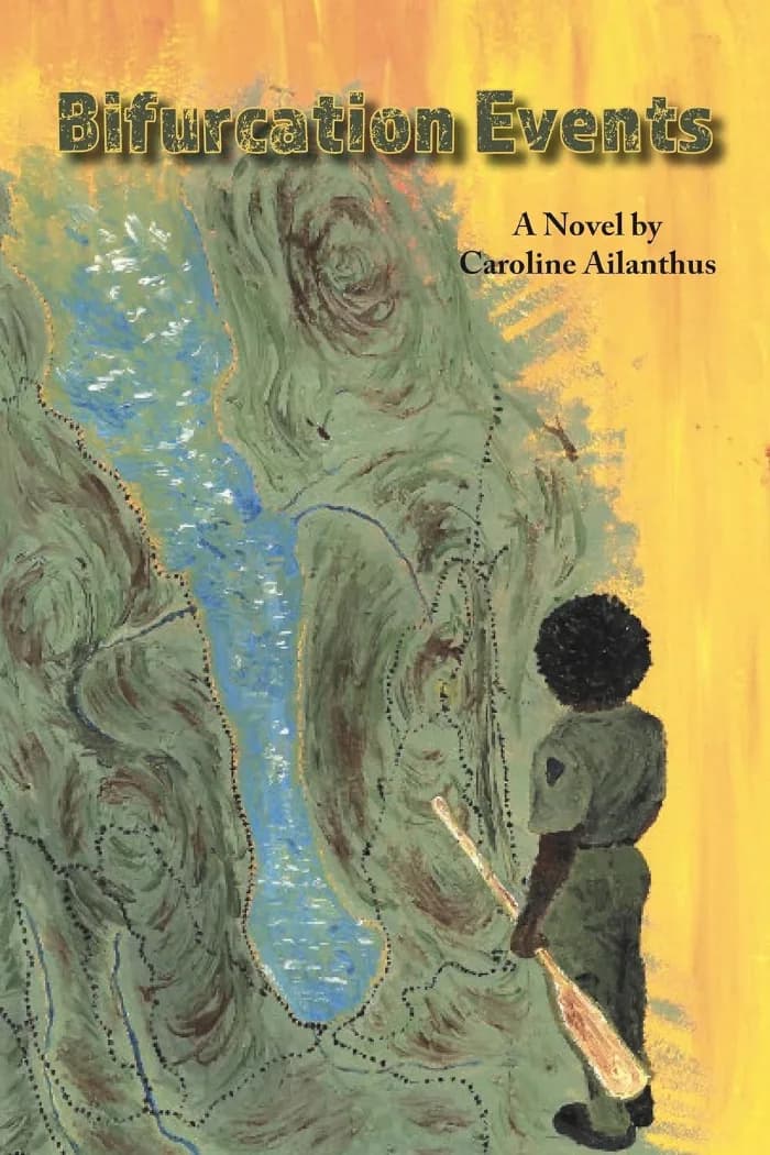 A painted map of part of a lake and surrounding hills with dotted lines indicating trails. The map appears to be unfinished, partially covering a yellow wall. In front of the wall stands a Black woman in what looks like a NPS ranger uniform. She looks at the map, holding a canoe paddle.