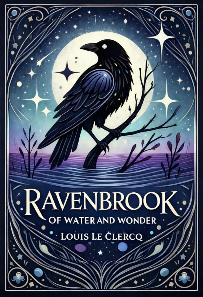 A raven sitting on a branch above a starry night sky with a full moon, overhanging a mysterious body of water