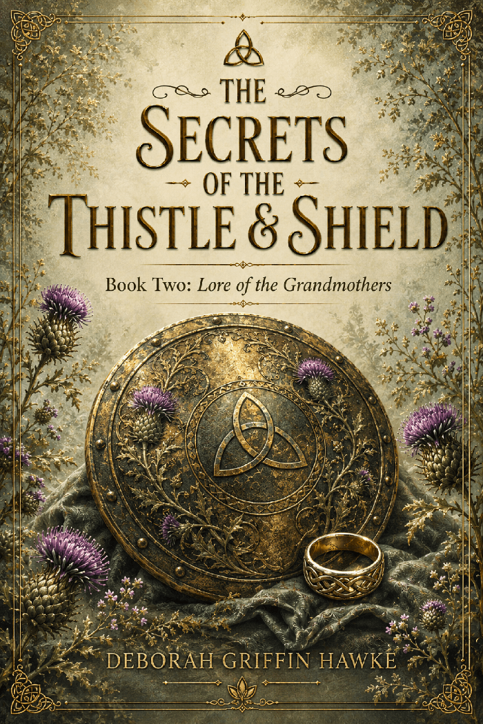 An ornate bronze shield bearing a Celtic triquetra, surrounded by purple thistles and woodland foliage, with a Celtic-patterned gold ring resting beside it.