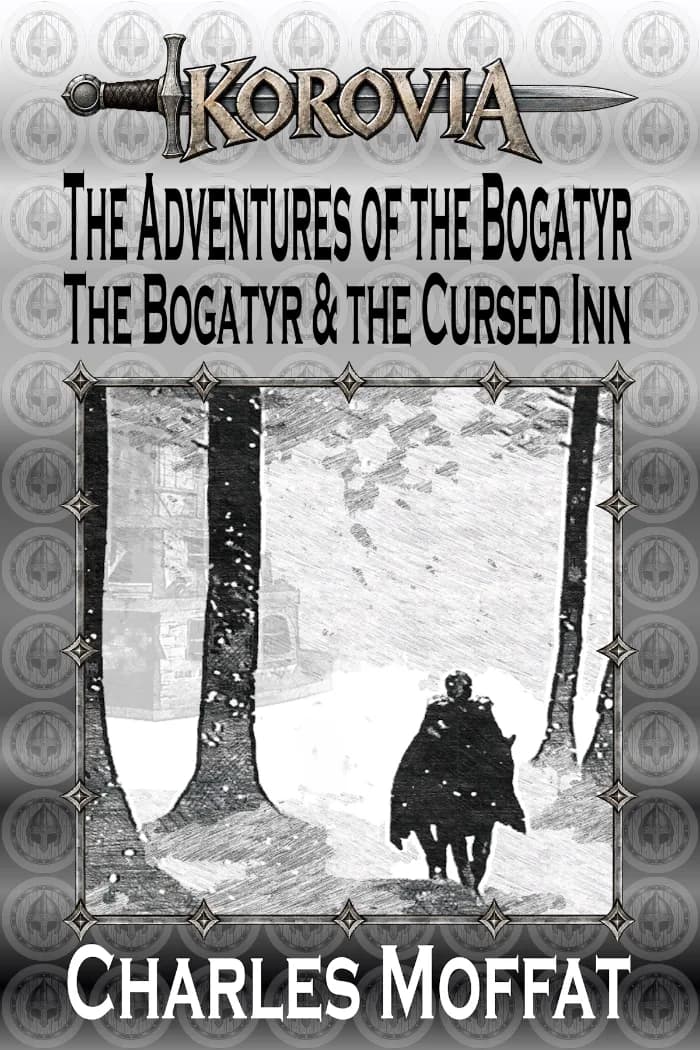 Bogatyr knight riding a horse in a snowstorm near a ghostly inn.