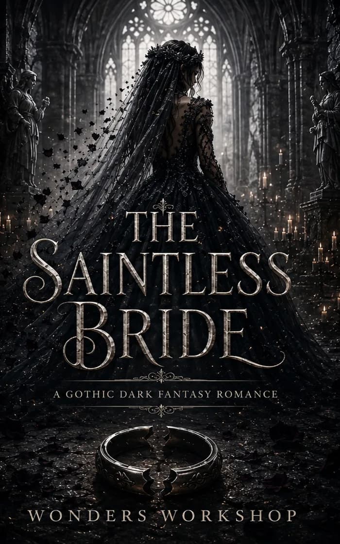 A dark gothic fantasy romance cover featuring a mysterious masked lord and a bride surrounded by a haunted medieval city, burned religious relics, ancient symbols, and ash-gray skies. Deep shadows and crimson magical details evoke cursed vows, forbidden bloodlines, religious horror, forced marriage,