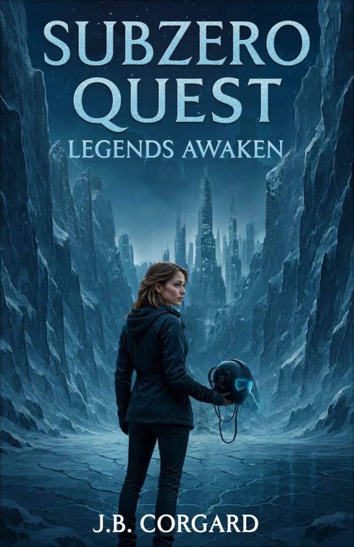 Hannah standing in the frozen wasteland holding a the VR helmet.