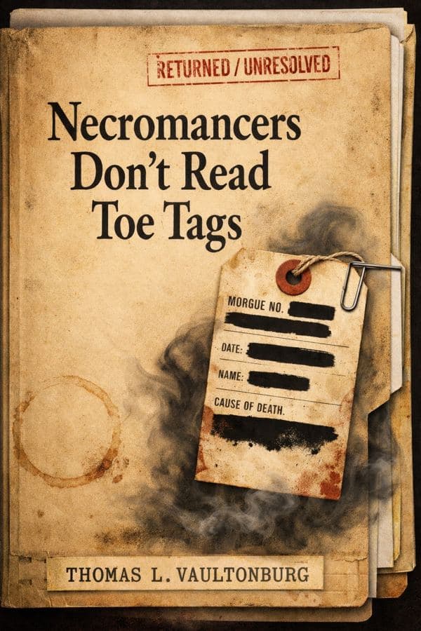 Vintage sepia-toned horror book cover for Necromancers Don't Read Toe Tags by Thomas L. Vaultonburg, featuring an aged paper background, dark lettering, and a central toe-tag illustration.
