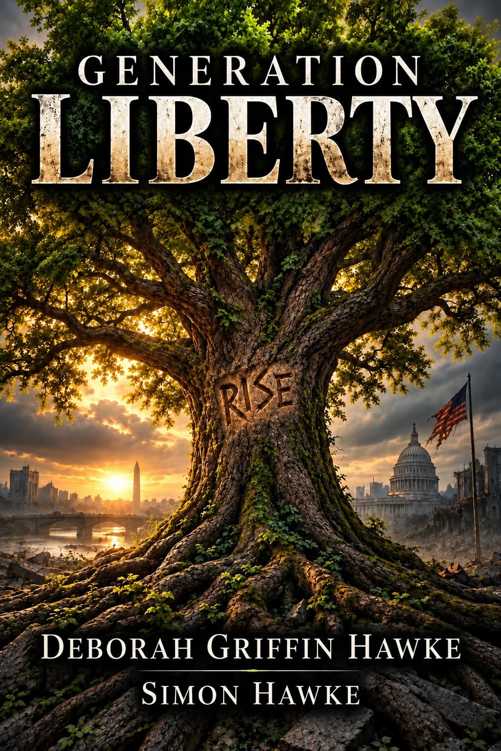 A massive ancient oak dominates the cover, its twisted trunk and sprawling roots rising against a dark, stormy Washington, D.C. skyline. The word RISE is carved deeply into the trunk. Golden light filters through the green canopy and atmospheric haze, contrasting with the damaged city and rubble.