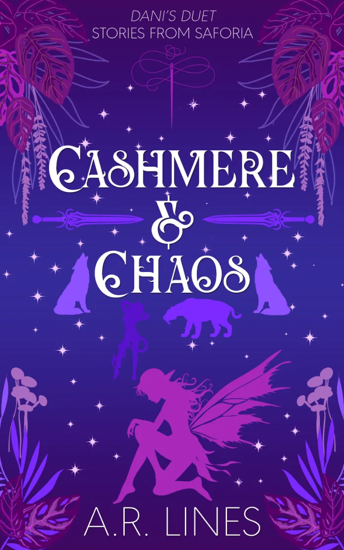 Purple background with pink and purple plants. Silhouettes of a pixie, two wolves, a succubus, and a sabertooth tiger with white letters spelling out the title 'Cashmere & Chaos'.