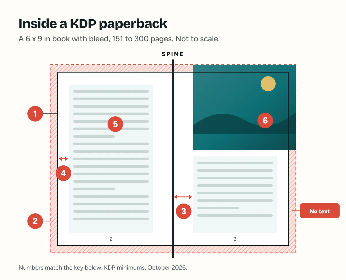 Diagram of a paperback page spread showing the trim line, bleed, inside gutter margin and outside margin